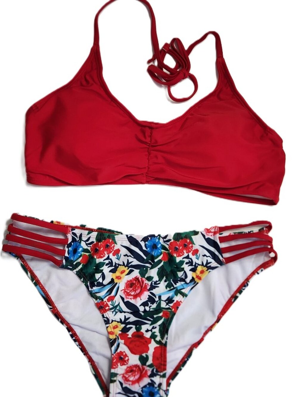 Women's Printing Cutout Strappy Halter Bikini - Red and Floral - Size L